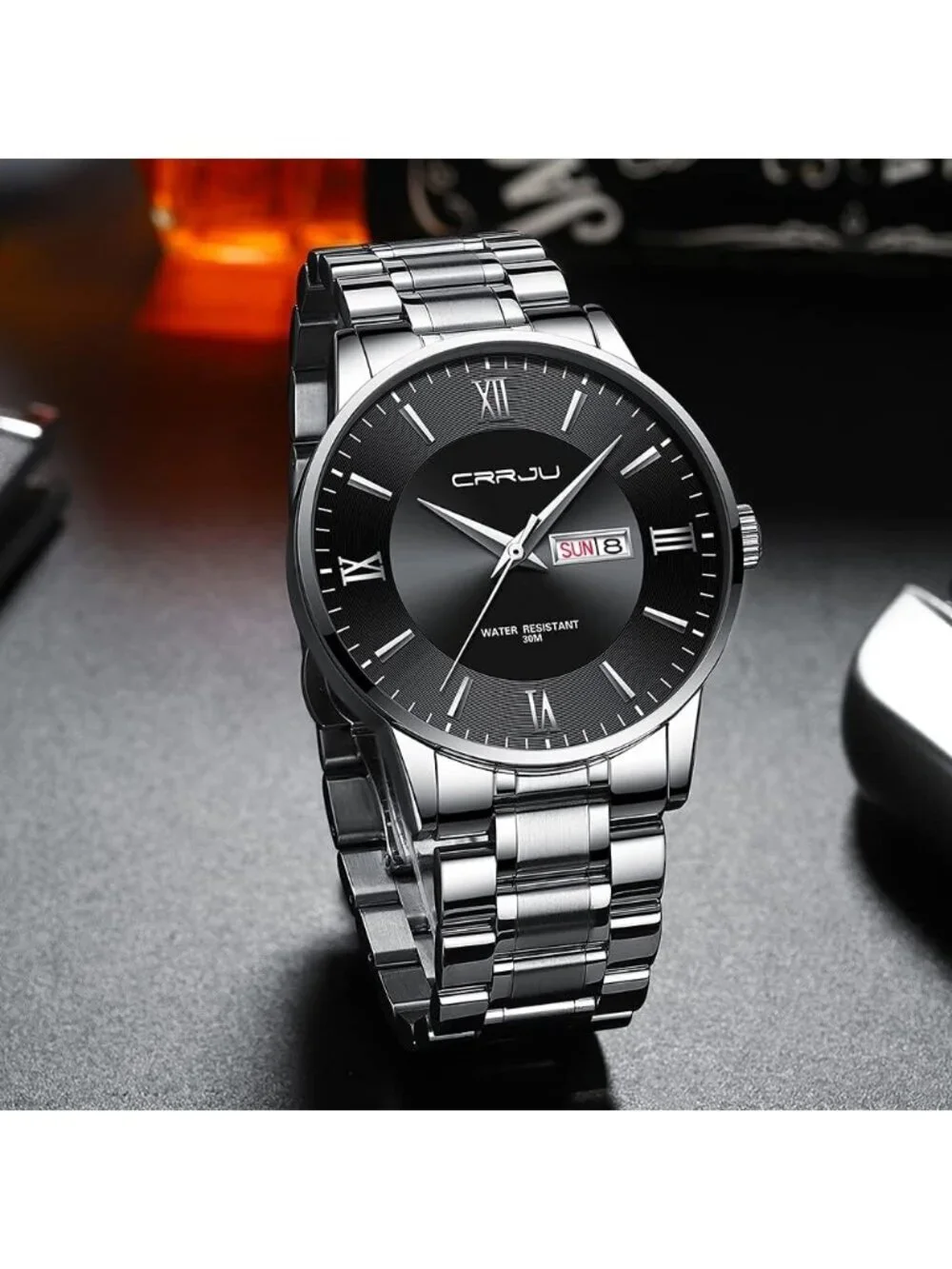 Men's Silver Black Luxury Stainless Steel Chronograph Analog Quartz Round Watch